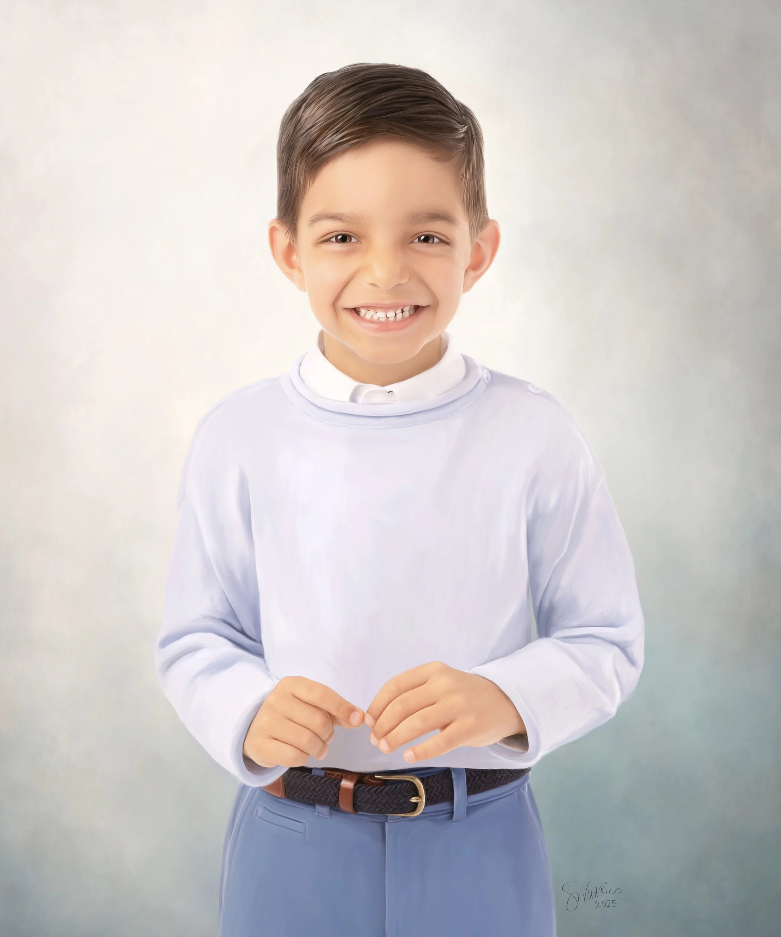 Love & Legacy heirloom mixed media portrait of a little boy wearing traditional clothing smiling sweetly at the camera.