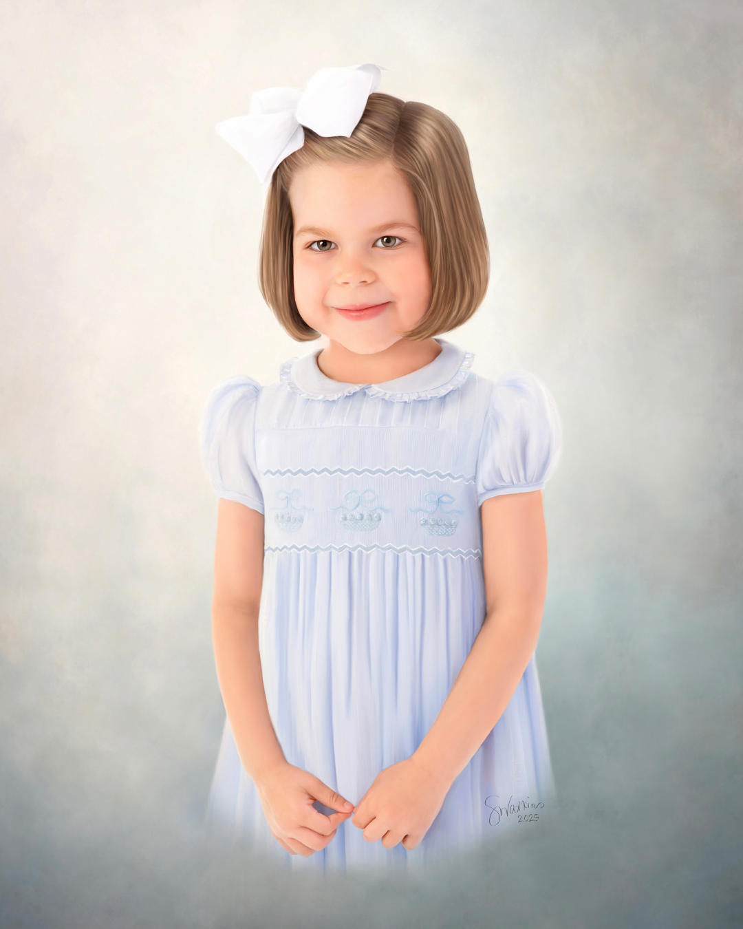A classic children's portrait of a little girl with a big white bow in her hair. Create by Shana Watkins, a children's heirloom portrait artist in St. Louis, MO.