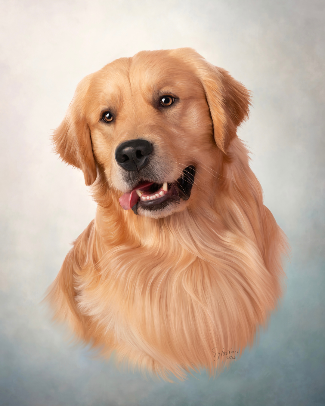 Beautiful hand colored heirloom pet portrait of a golden retriever. Photo by Shana Watkins Photography.