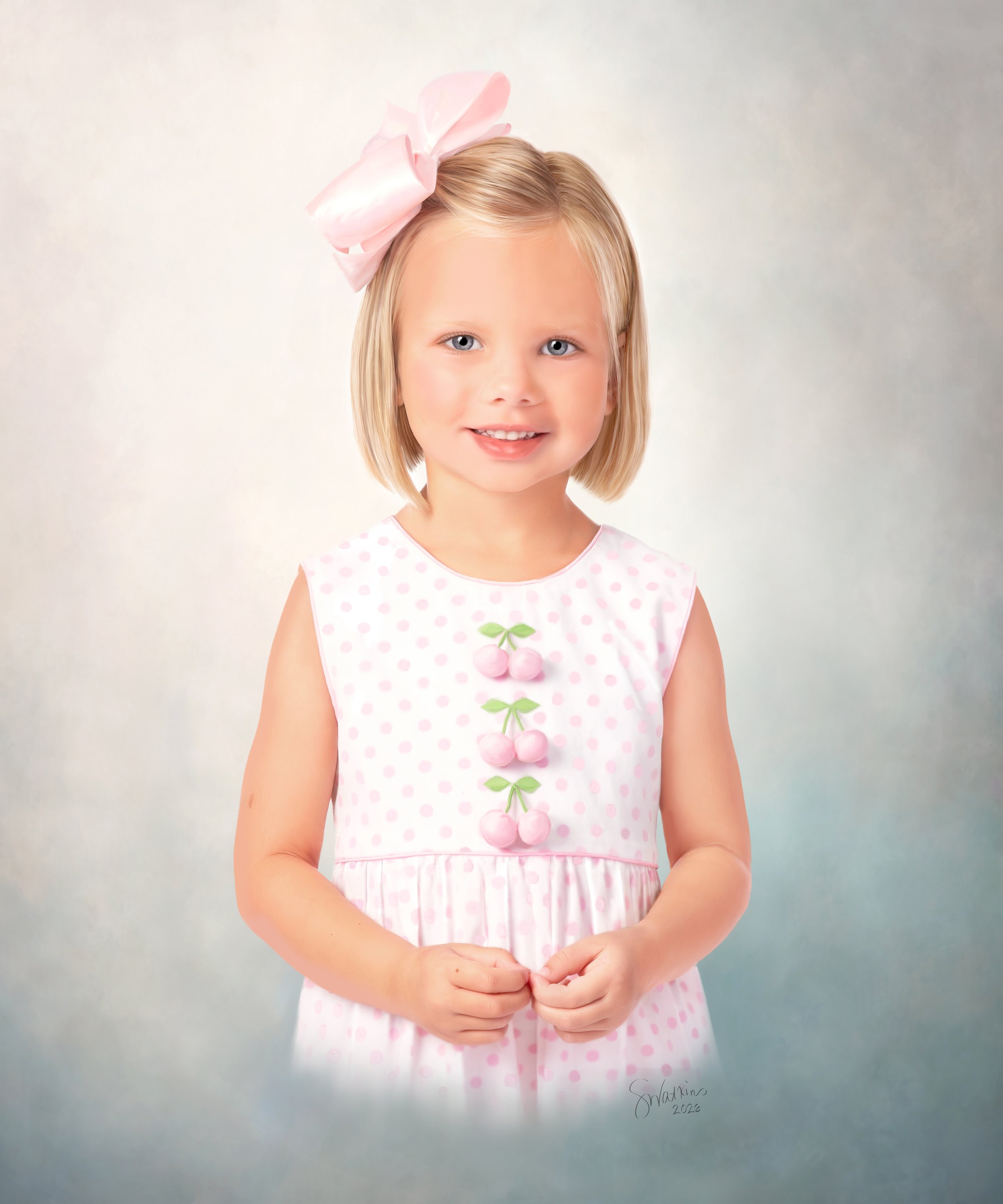 Smiling girl in a pink polka dot dress and matching bow posed for a timeless children’s heirloom portrait.