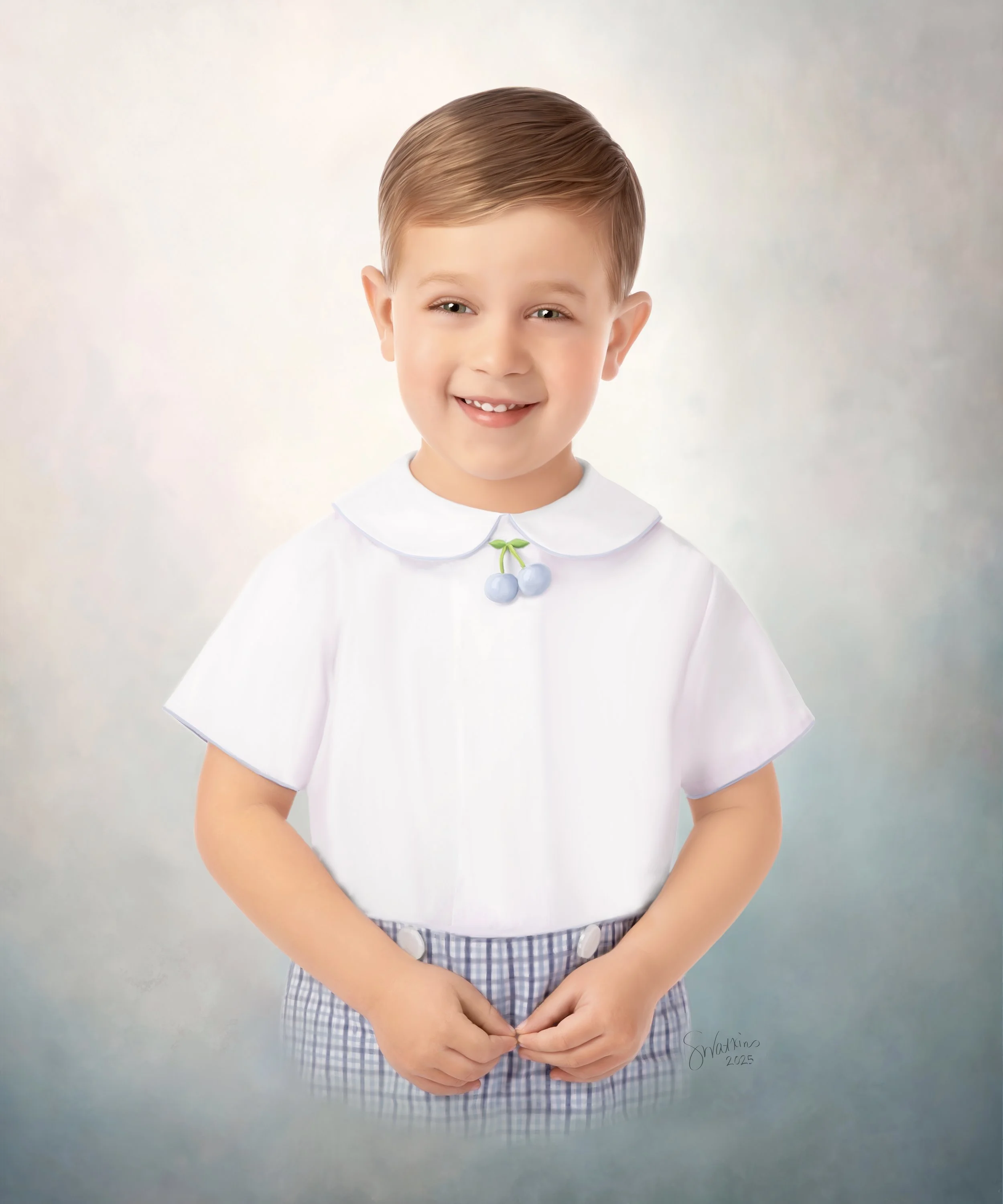 Smiling boy in a classic white shirt and blue checked shorts for a timeless heirloom portrait.