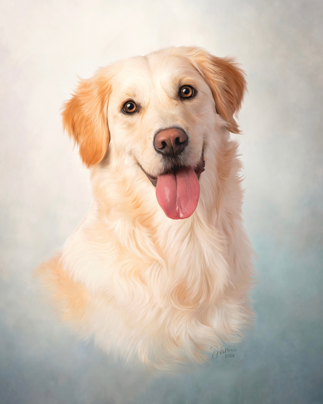 Hand finished pet portrait of a golden retriever. The dog is looking at the camera with their tongue hanging out. Photographed by Shana Watkins, St. Louis portrait artist.