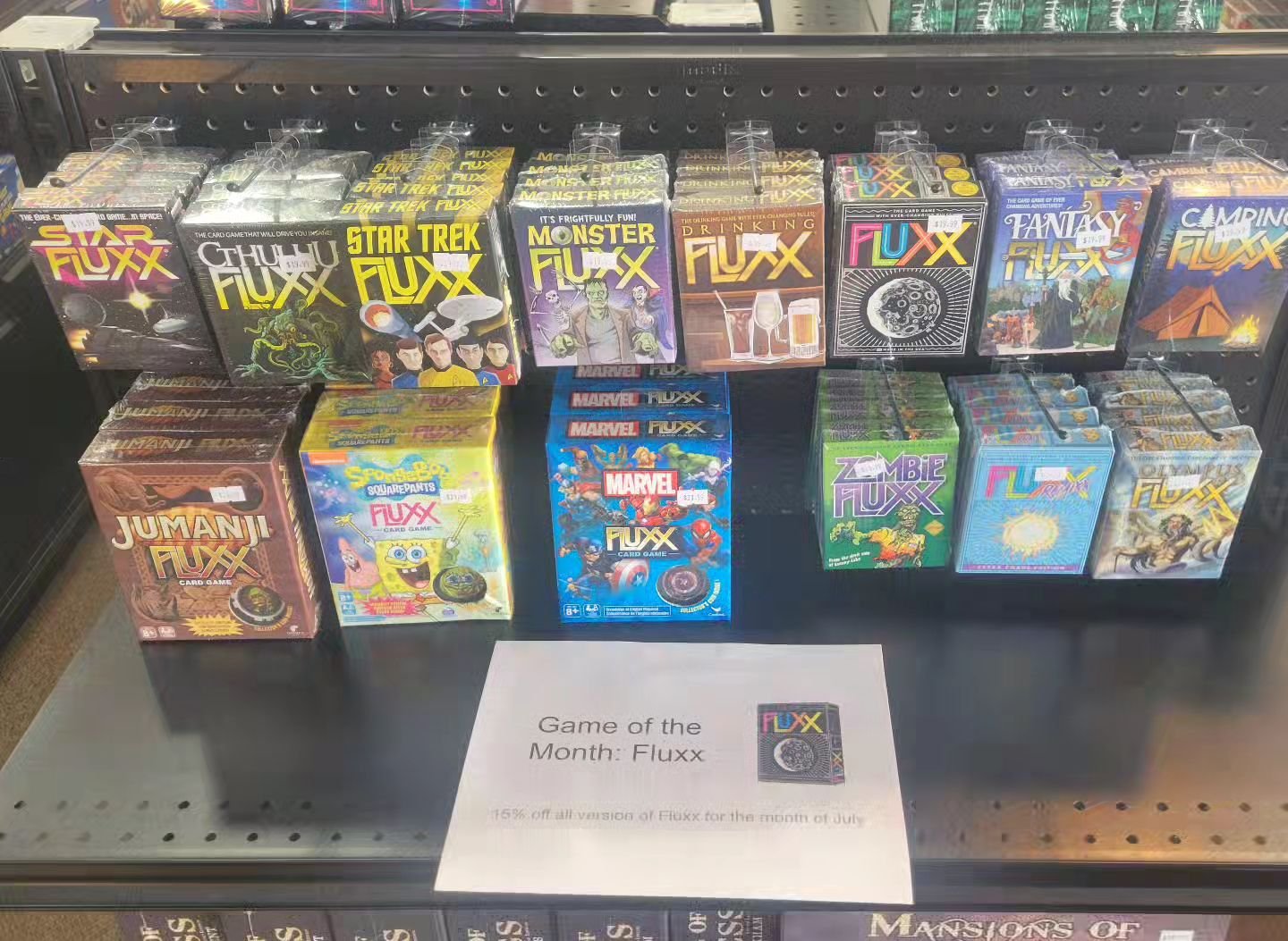 Game of the month for July is Fluxx. It's the simple game of draw one, play one. All versions of Fluxx are 15% off for the month of July! Come get your copy today!
