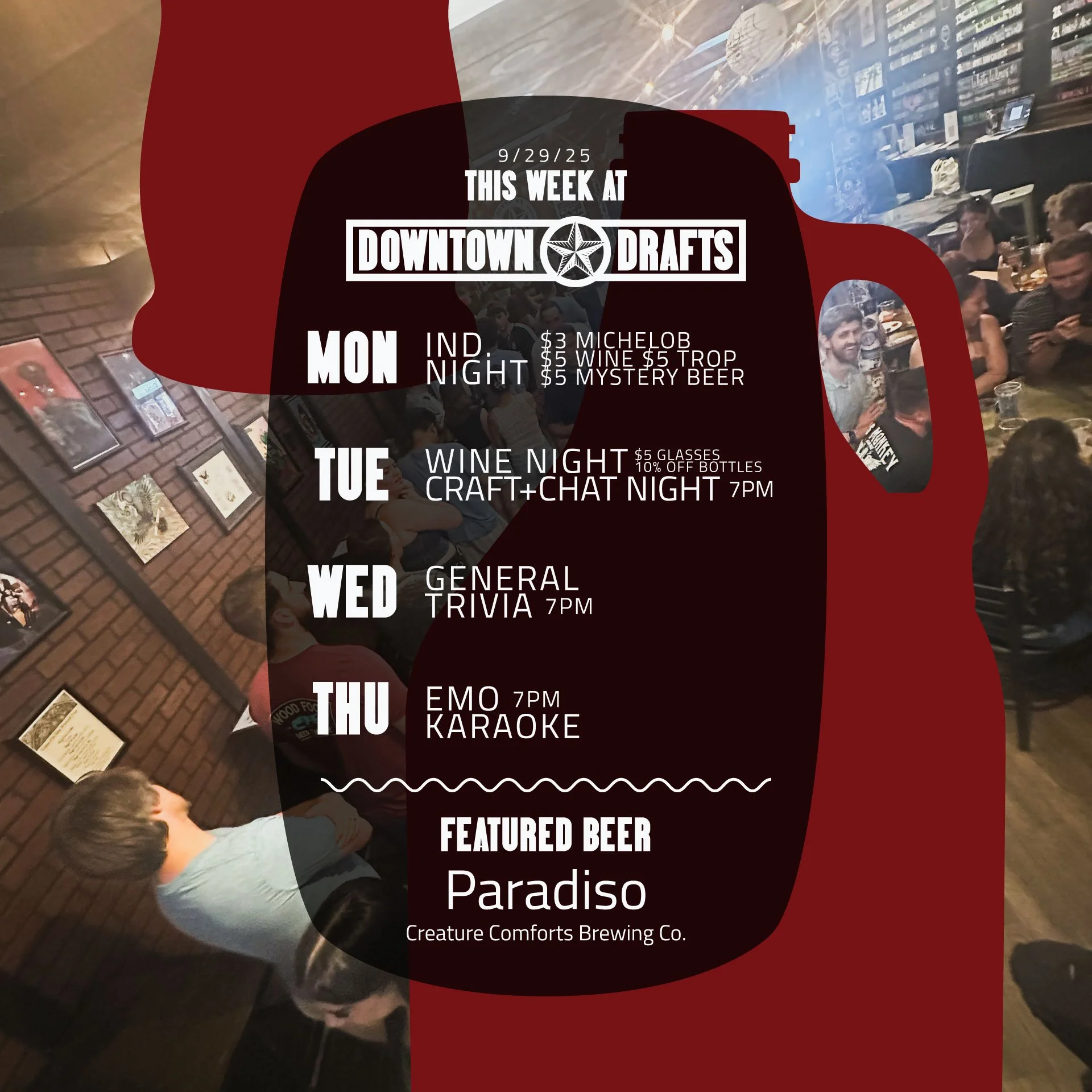 🚨 THIS WEEK AT DRAFTS 🚨

Spooky season is finally here and you already know it&rsquo;s our favorite time of year at Drafts. We&rsquo;re starting things off with Craft+Chat Night on Tuesday at 7pm, then it&rsquo;s General Trivia on Wednesday at 7pm,