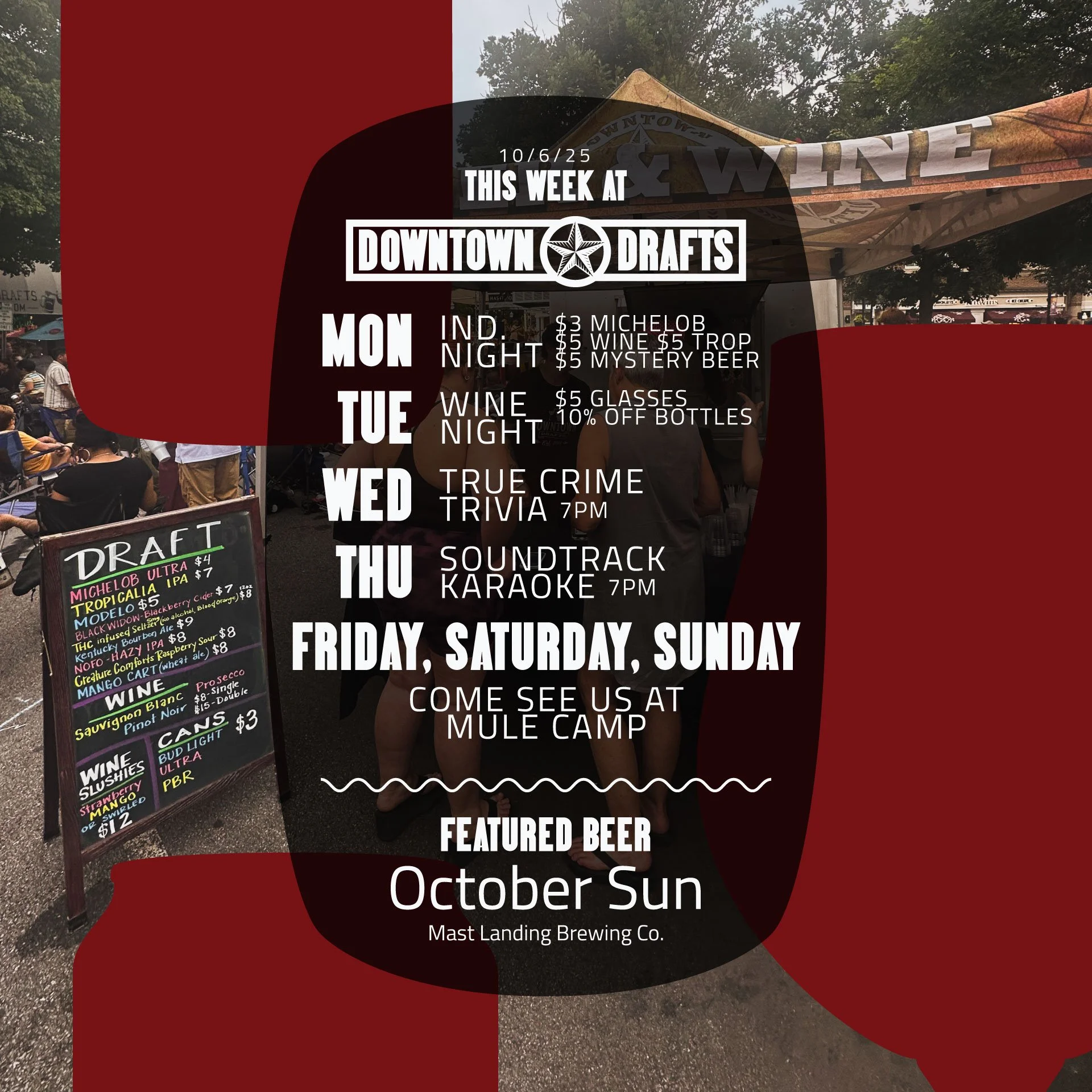 🚨THIS WEEK AT DRAFTS🚨

It&rsquo;s a killer week in every sense of the word. We&rsquo;ve got True Crime Trivia on Wednesday at 7pm, so come test your knowledge of murder, mystery, and mayhem (you little detective, you). Then on Thursday, it&rsquo;s 