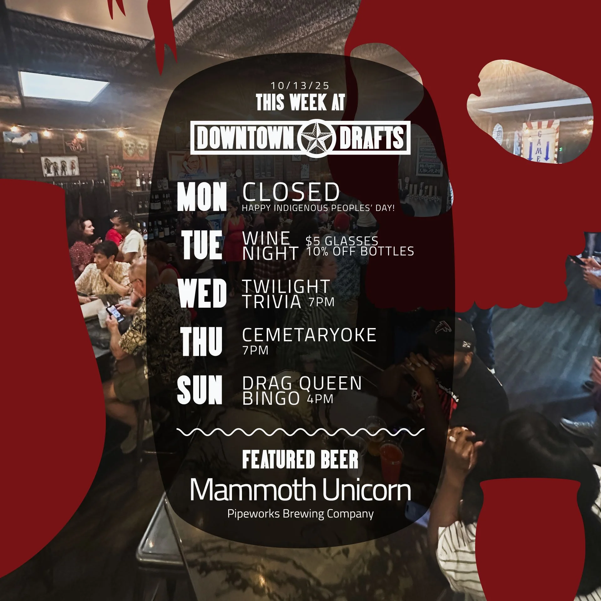 🦇 THIS WEEK AT DRAFTS 🦇
We&rsquo;re closed Monday, but the rest of the week is stacked 👇

🌙 Wednesday: Twilight Trivia! Sparkly vampires, awkward stares, and eternal love 🧛&zwj;♂️
💀 Thursday: CEMETARYOKE! Spooky season meets karaoke. Dead folks