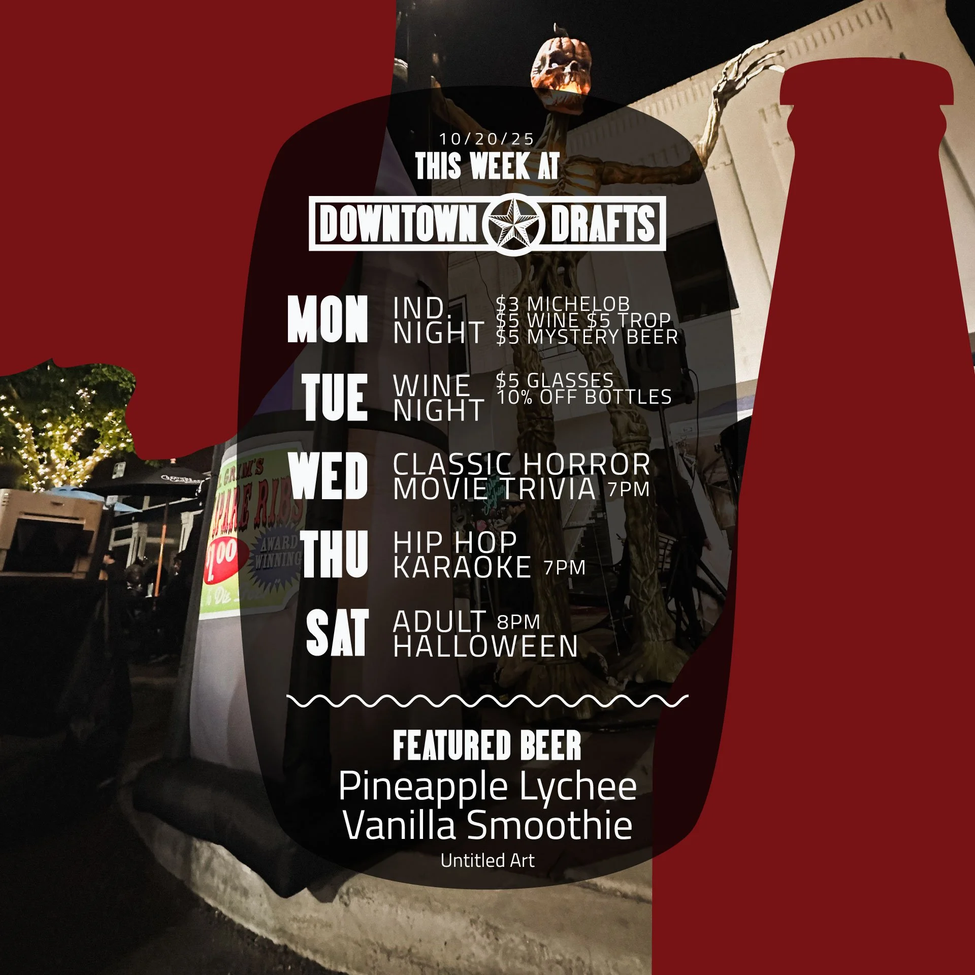 🎃👻 THIS WEEK AT DRAFTS 👻🎃

Spooky season is hitting its peak this week, and we&rsquo;re going all in:
🩸 Wednesday @ 7PM &ndash; Classic Horror Movie Trivia
🎤 Thursday @ 7PM &ndash; Hip Hop Karaoke
🕸️ Saturday @ 8PM &ndash; ADULT HALLOWEEN! Our