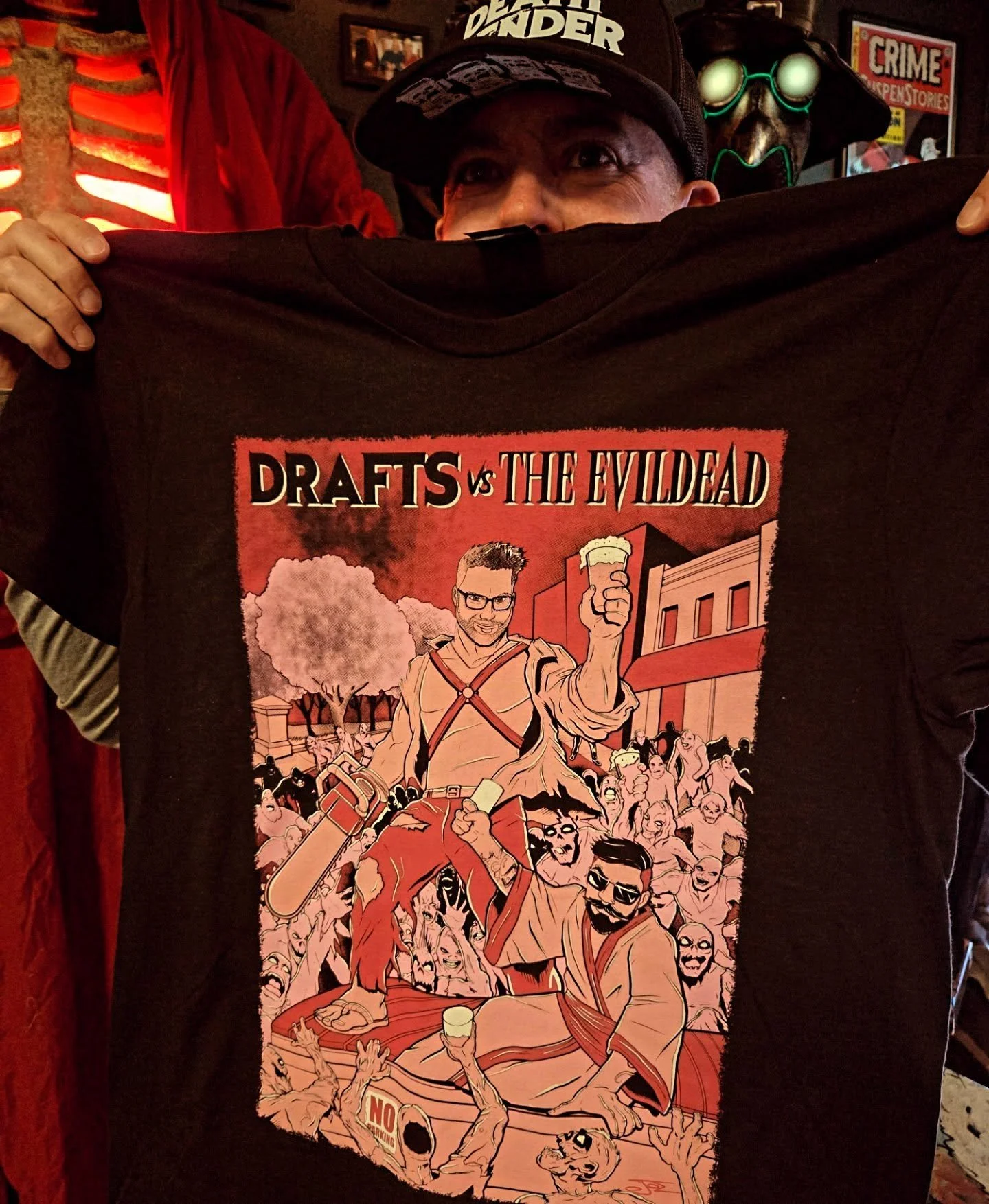 Halloween shirts are here, thanks to the amazing Josiah Thompson Art &amp; Feral Print Co! Do you recognize the stars of this one? ⛓️🪚☠️ Each member of tonight's winning HORROR trivia team will get one of these as an additional prize, so come out an