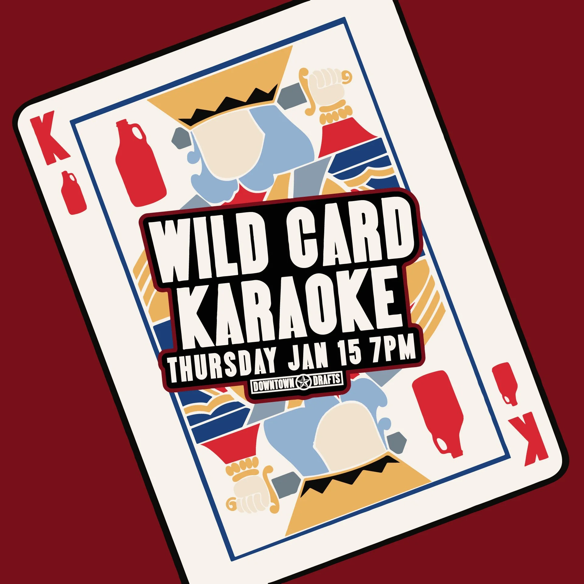 🎤 WILDCARD KARAOKE 🎤

No theme. No rules. Just chaos. Join us Thursday, January 15th at 7pm for Wildcard Karaoke, where anything goes and the song choices are completely unhinged in the best way.

Whether you&rsquo;re belting a ballad, rapping some
