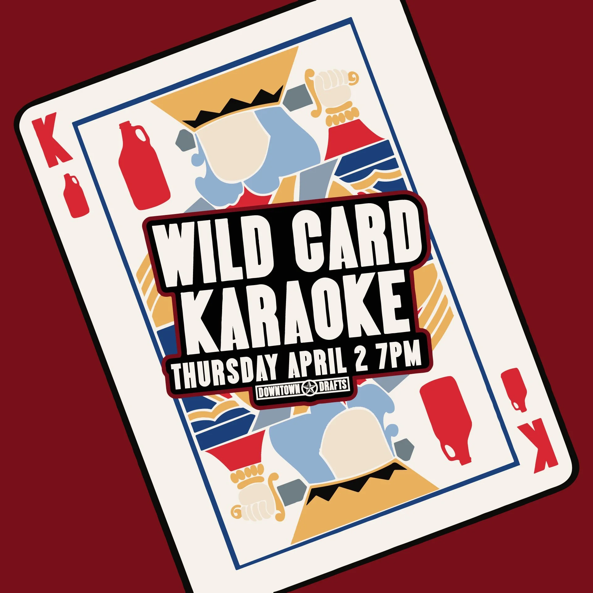 🎤🎵 WILDCARD KARAOKE THURSDAY APRIL 2ND 7PM 🎵🎤

Wildcard Karaoke is back, and it's gonna be a real wildcard. This wildcard of a night is gonna give you a wildcard amount of wildcard songs to sing at the top of your wildcard lungs! Whatever songs y