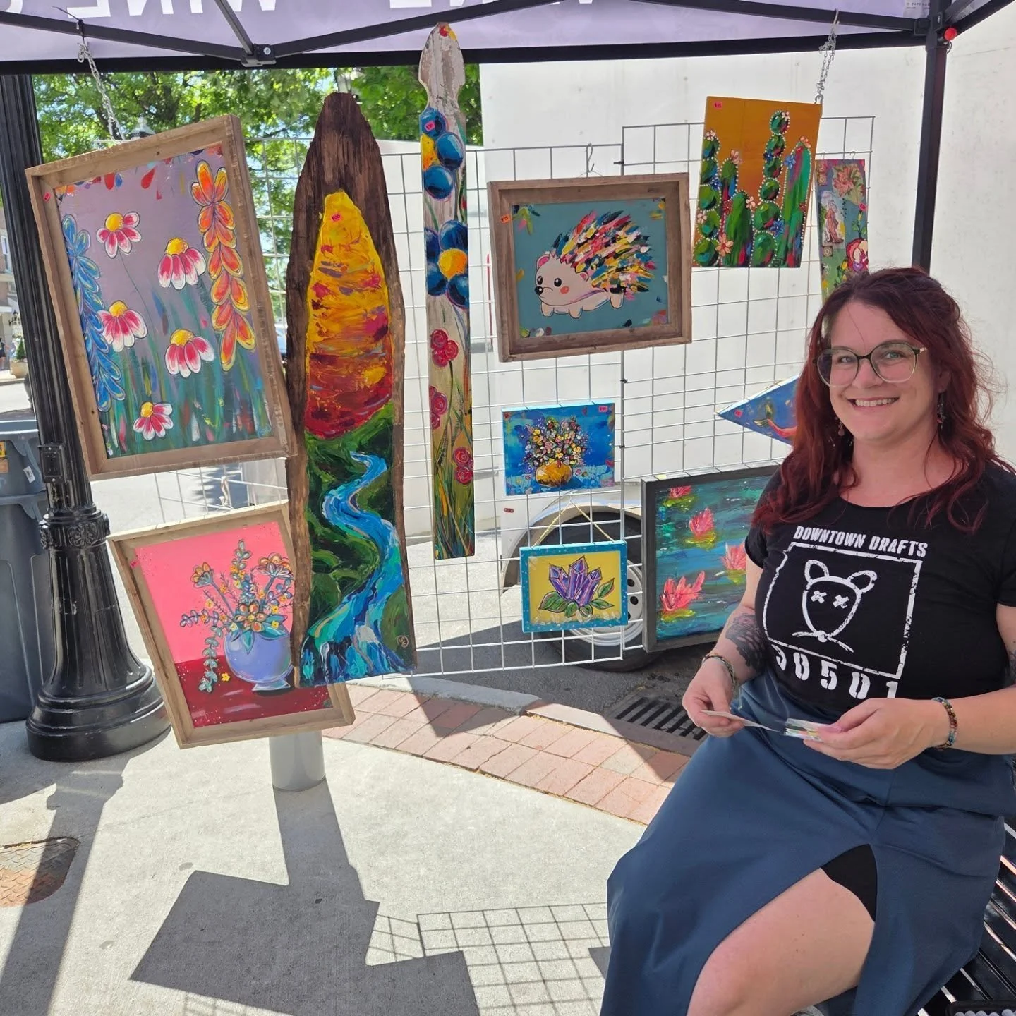 Art Walk has begun! Come out this beautiful evening and check out the amazing artists all over town, including the featured artists here at Downtown Drafts: @shelleyhasselart , @purplemindset_ , and @gcf_artsigns 🎨