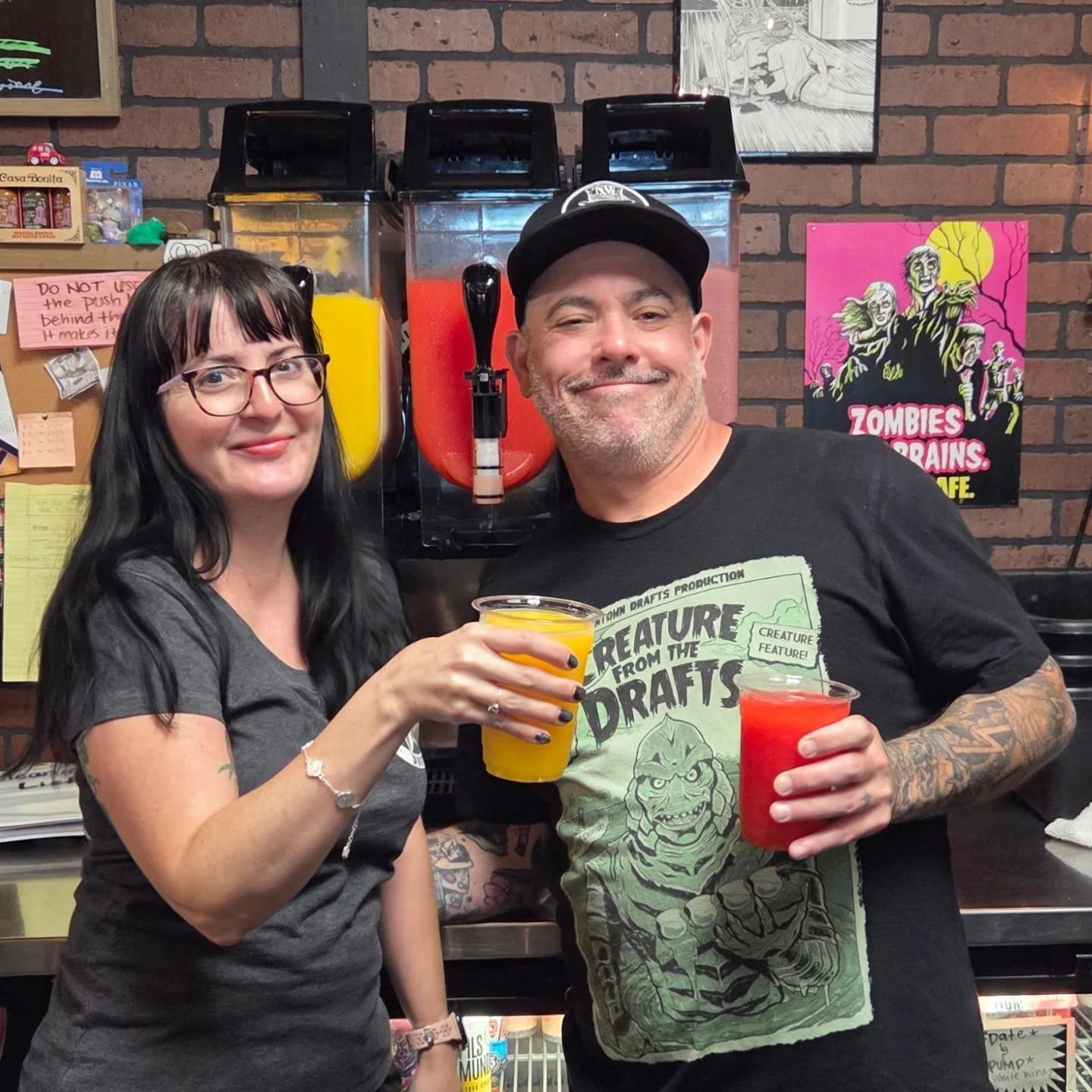 🚨PSA🚨 These familiar faces will not be at Food Truck Friday tonight. Other vendors wanted an opportunity and that's A-OK! But if you're looking for a wine slushy, come see us at the bar, on your way there or back, because they won't be available at