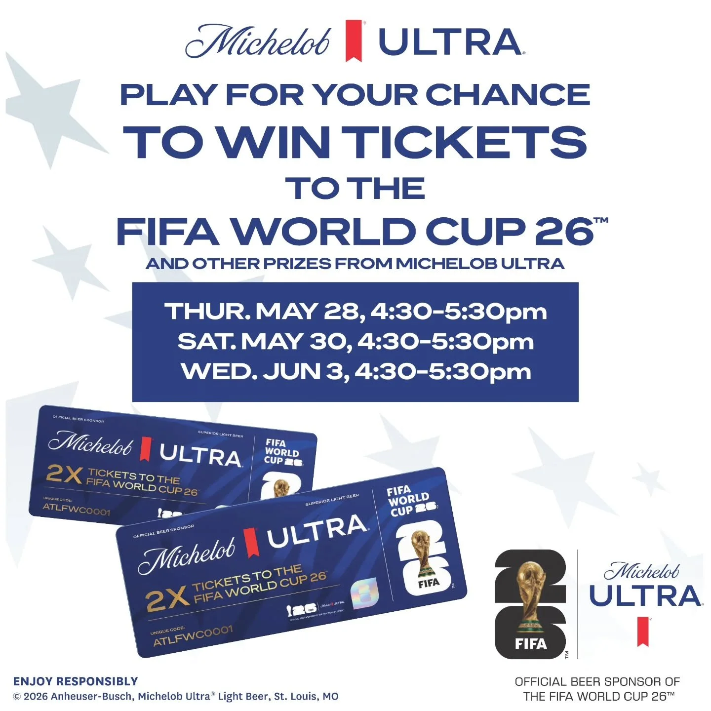 We have some special visits from Mich Ultra coming up because yall drink so dang much of it!

Are you ready to win FIFA World Cup&nbsp;TM&nbsp;tickets, courtesy of @MichelobUltra? Come see us for three opportunities to play for prizes and enter to wi