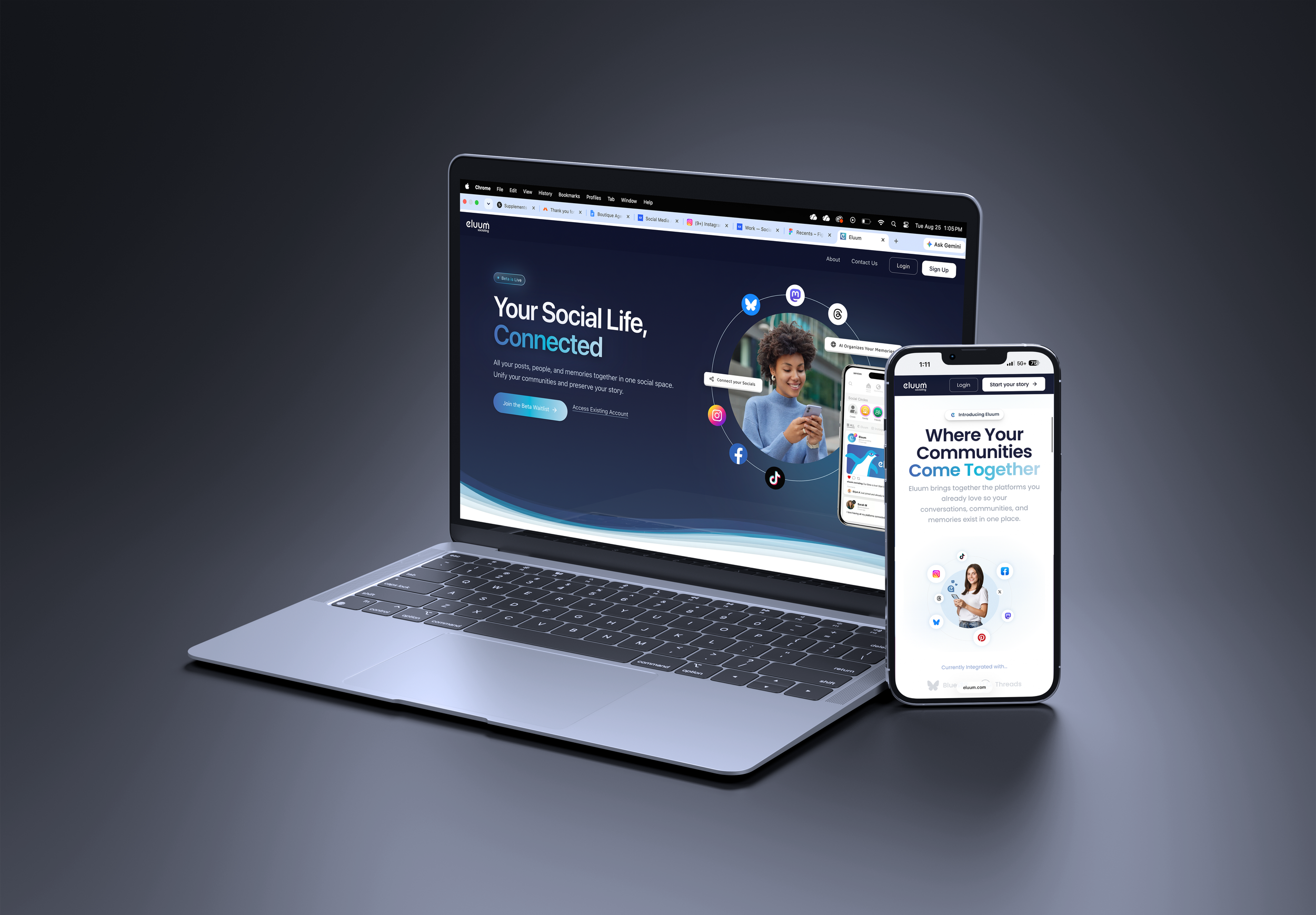 A laptop and smartphone displaying the social media platform Eluum's website, emphasizing connected social lives and communities.