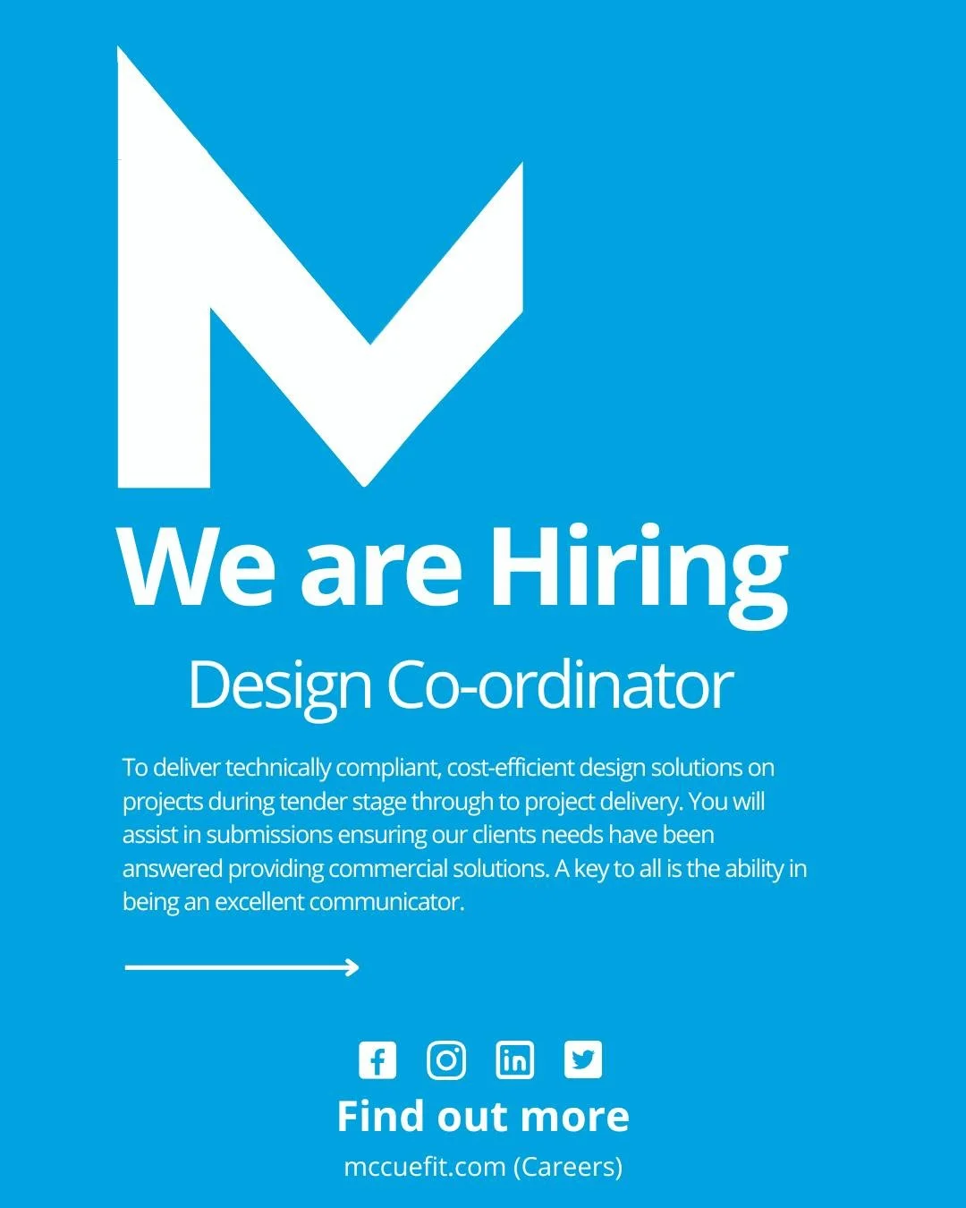 We&rsquo;re hiring a Design Coordinator at McCue!

Join our team and help deliver some of the UK and Ireland&rsquo;s most prestigious fit-out and bespoke joinery projects. 

If you have a background in fit-out or joinery and a passion for high-end cr