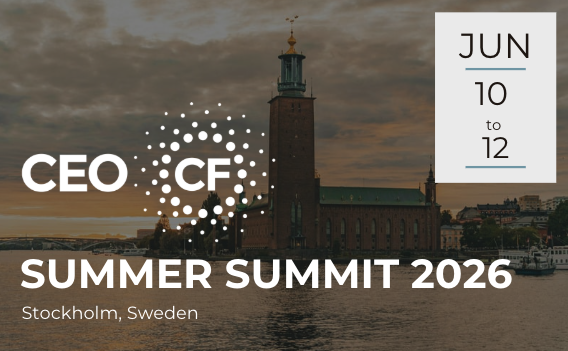 Details of the CEO CF Summer Summit 2026 held in Stockholm, Sweden from June 10 to 12, with a blurred crowd background.