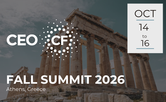Event poster for the CEO CF Fall Summit 2026 in Athens, Greece, held from October 14 to 16, with a background of a gathering of people at sunset.