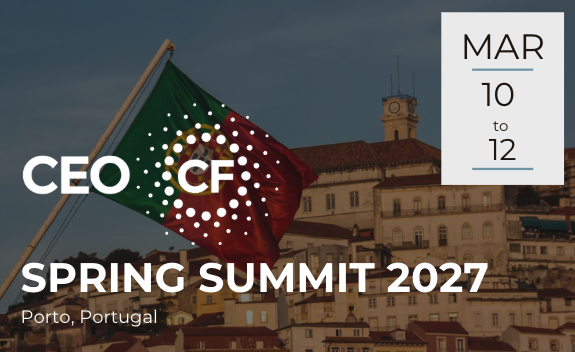 Business professionals talking at the CEO CF Spring Summit 2027 in Porto, Portugal, with event date March 10-12, 2027.