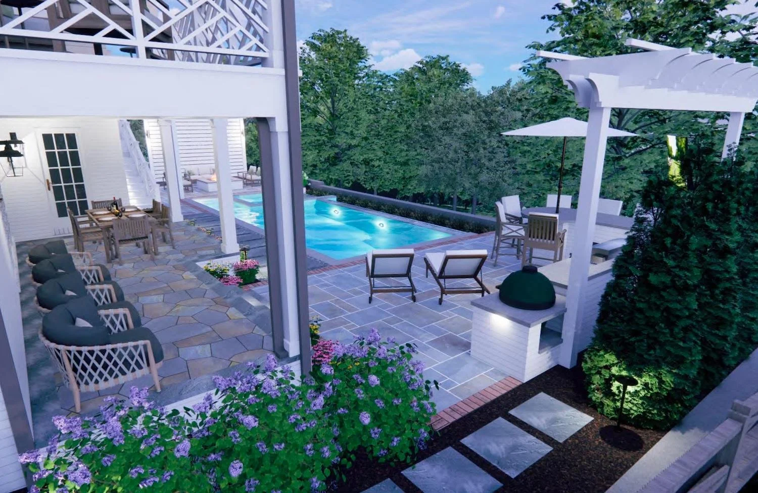 J&J Landscape Management 3D backyard pool and pergola design rendering