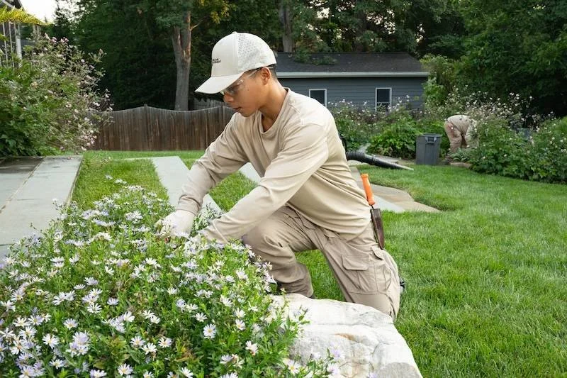Landscape maintenance crew member tending a flowering garden bed beside a stone walkway, by J&J Landscape Management