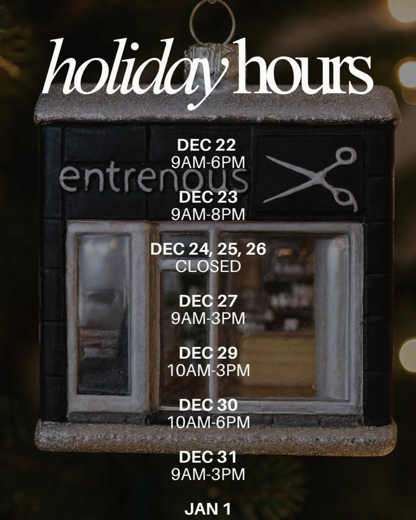 Our holiday hours are approaching. We'll resume regular business hours on January 2nd. Online booking available 24/7.