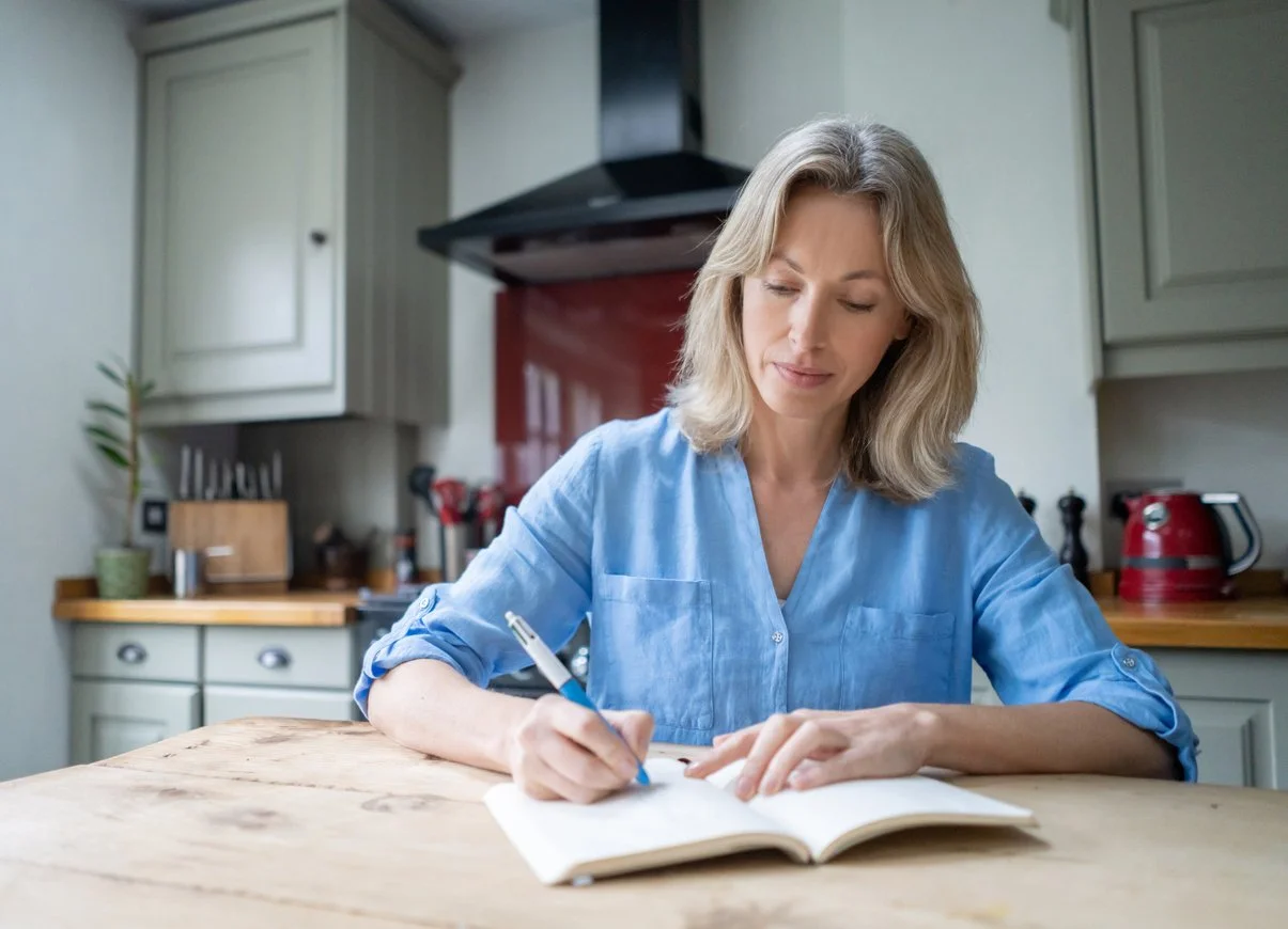 Person journaling at a kitchen table, reflecting on which relationships feel safe and trustworthy for a Personal A-List.