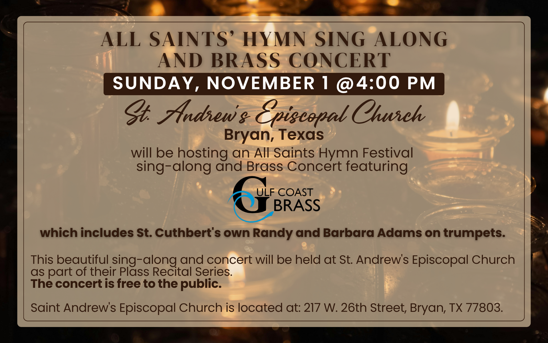 All Saints Hymn Sing and Brass Concert in Bryan, November 1, 2026
