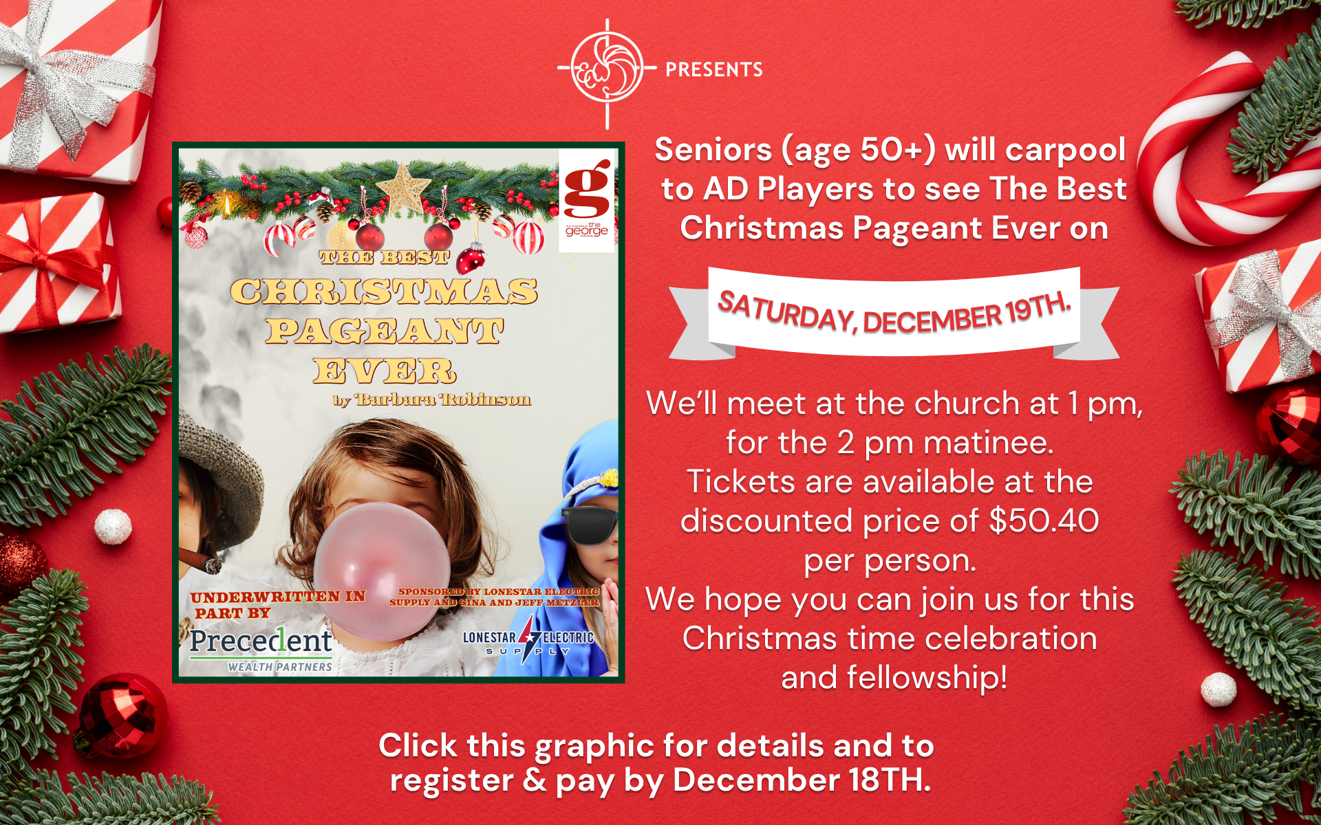 Senior trip to The Best Christmas Pageant Ever, December 19, 2026. Click to register.
