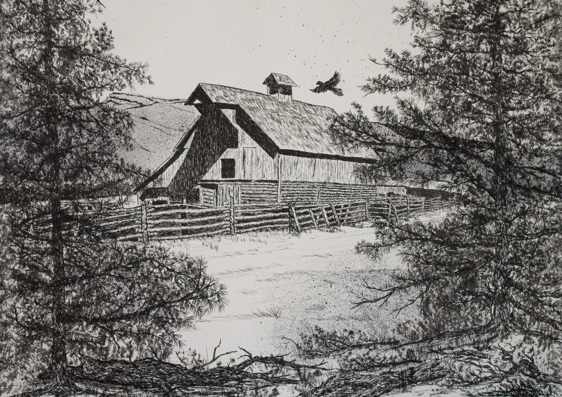 "High Country Barn"  Ink, by Judy Sprague