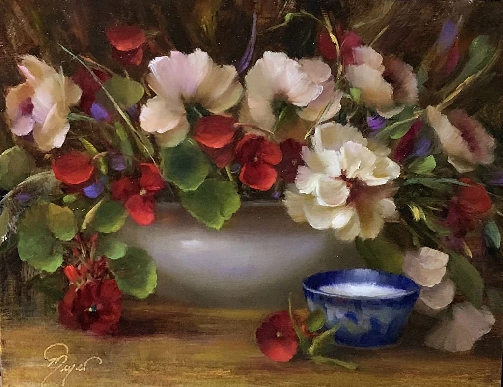 Still life painting of flowers and a blue bowl by Pat Meyer