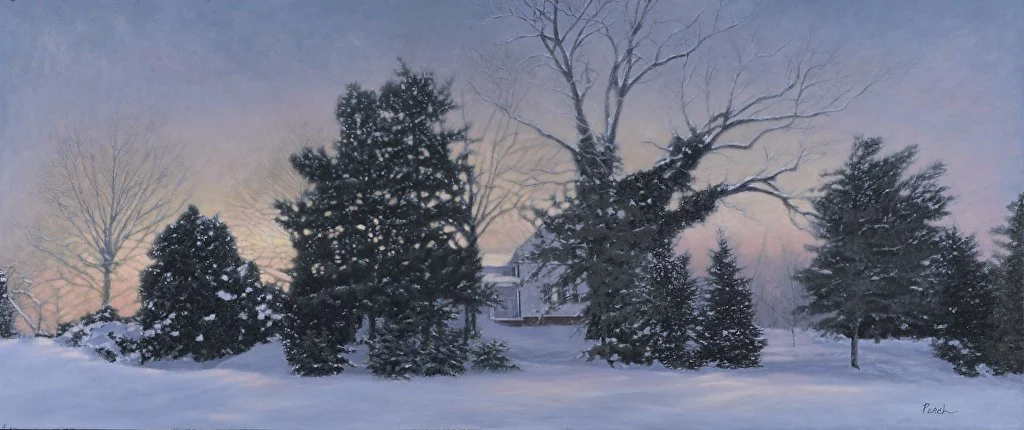 Painting of a rural snow scene at dusk by Nancy Peach