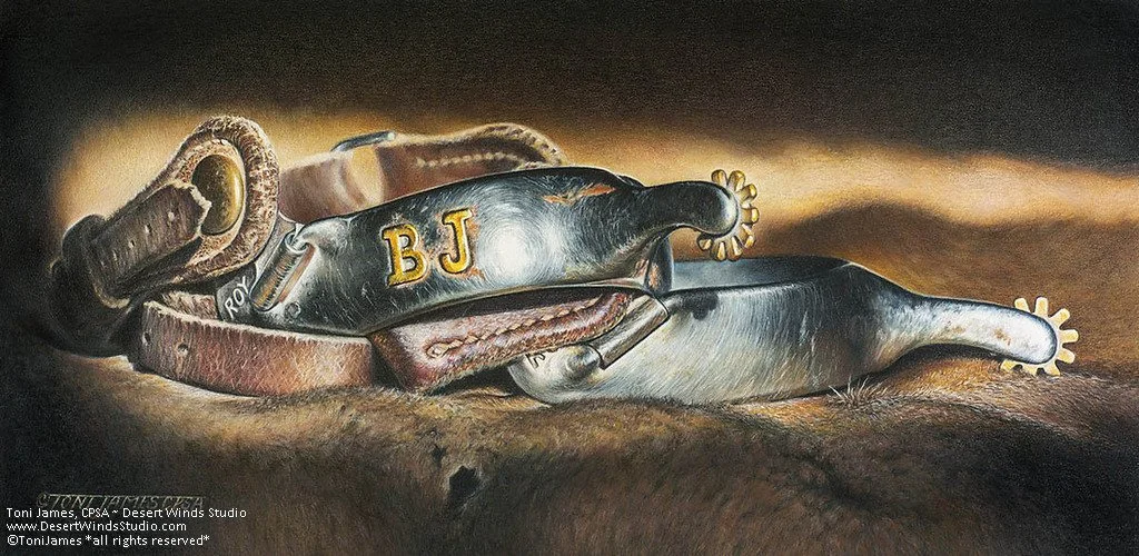 Colored pencil drawing of spurs by Toni James