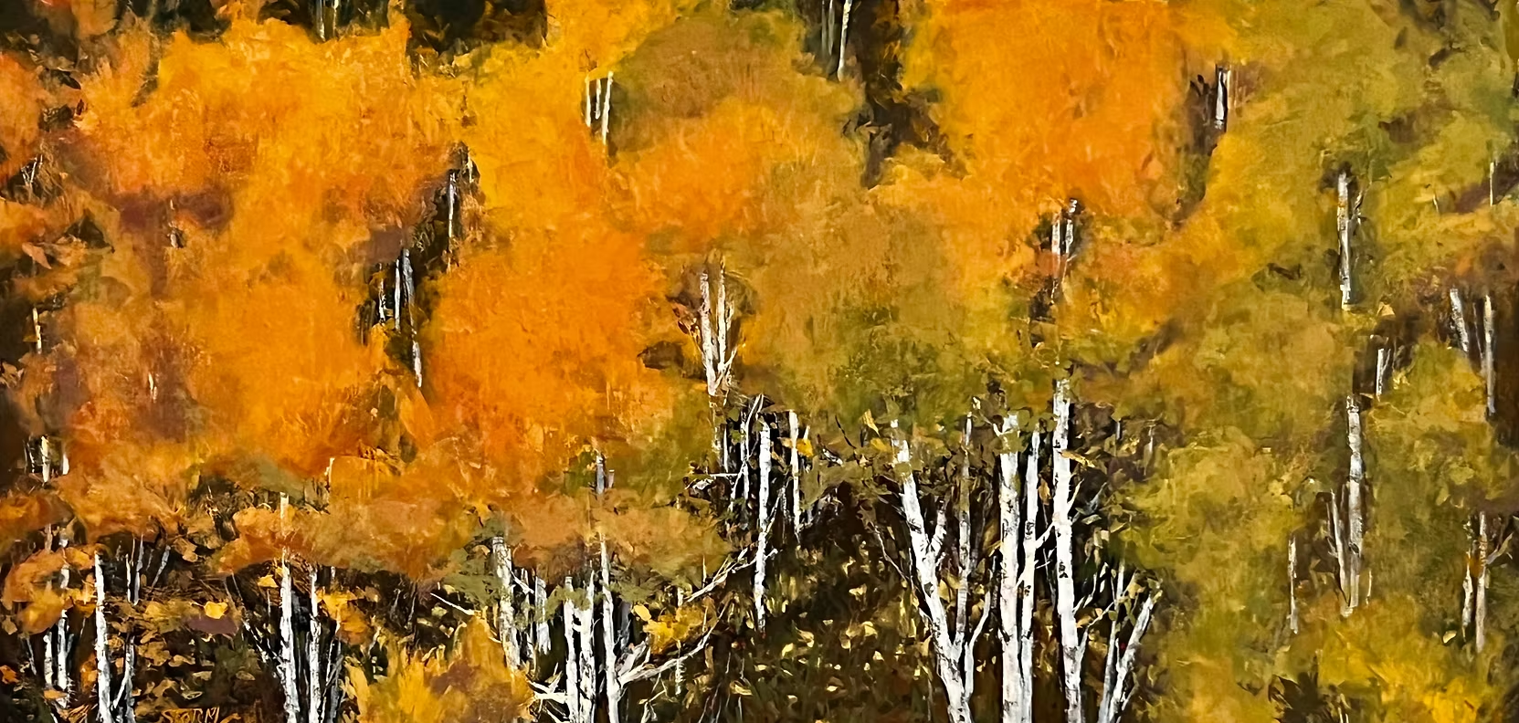 A painting of aspens in fall by Karen Storm