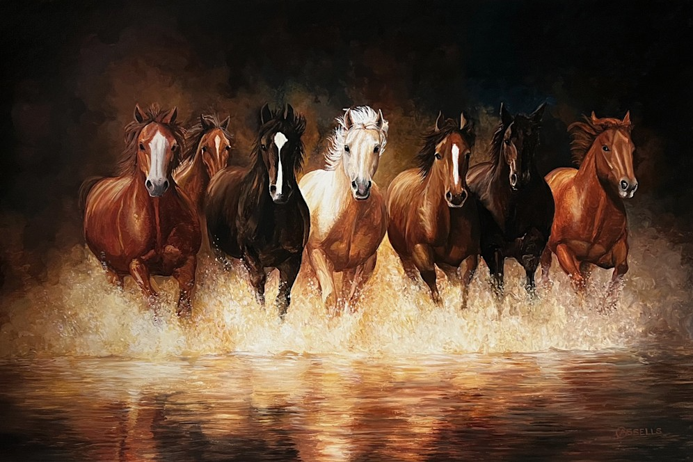 Painting of horses splashing through a river by Laara Cassells