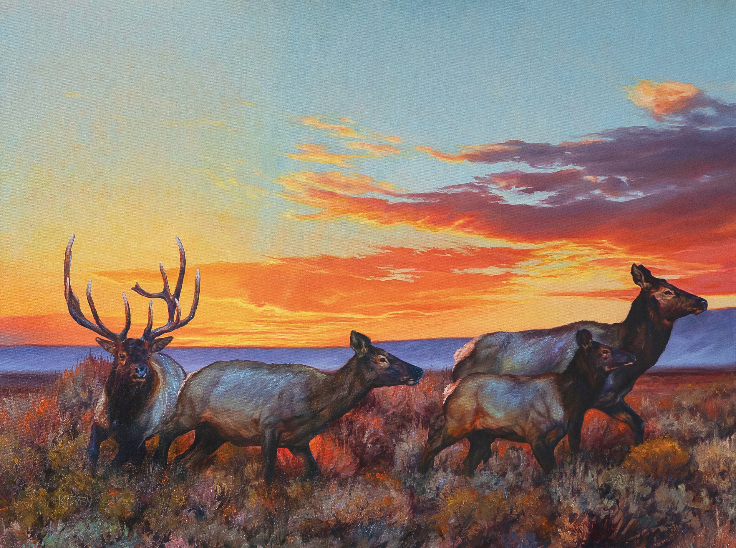 Painting of elk and does by Danielle Kirby