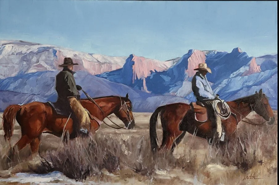 Painting of cowboys riding in the early day by Lauri Ketchum