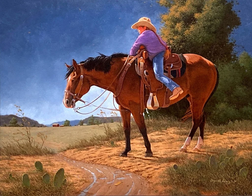 Painting of a youngster climbing aboard a patient horse by Elizabeth Lewis Scott