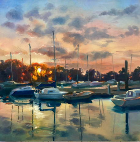 Sunset harbor scene painting by Sasha Phillips