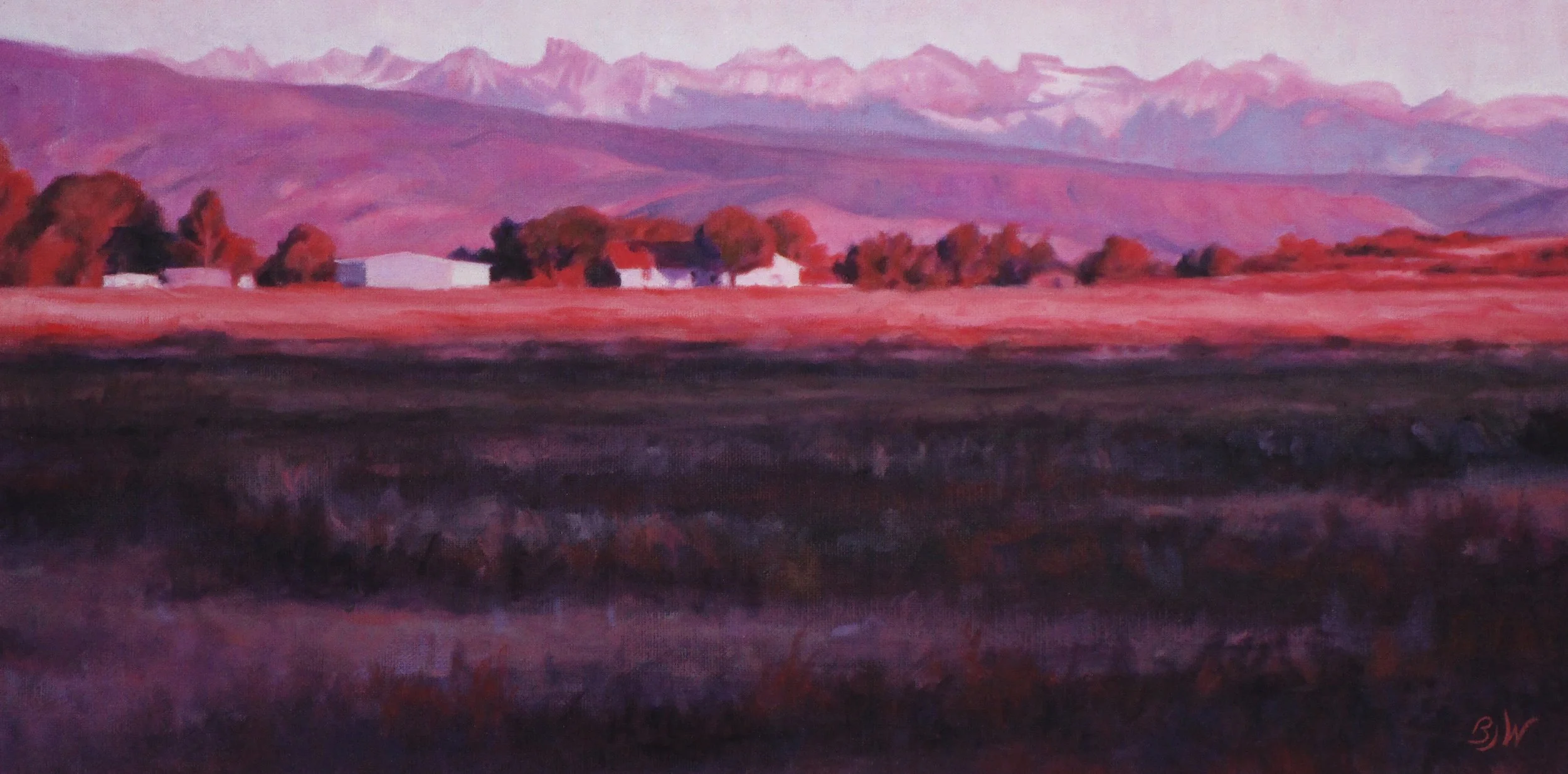 landscape painting in vibrant reds by Betsy Johnson Welty