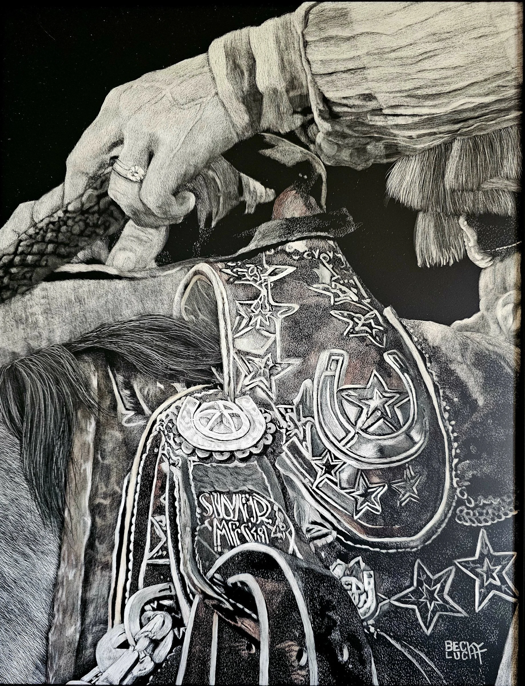 "The Silver Mesa Saddle" Scratchboard, by Becky Lucht