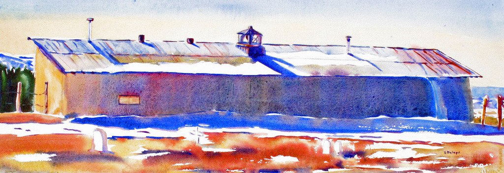 Painting of an agricultural building by Sally Delap-John