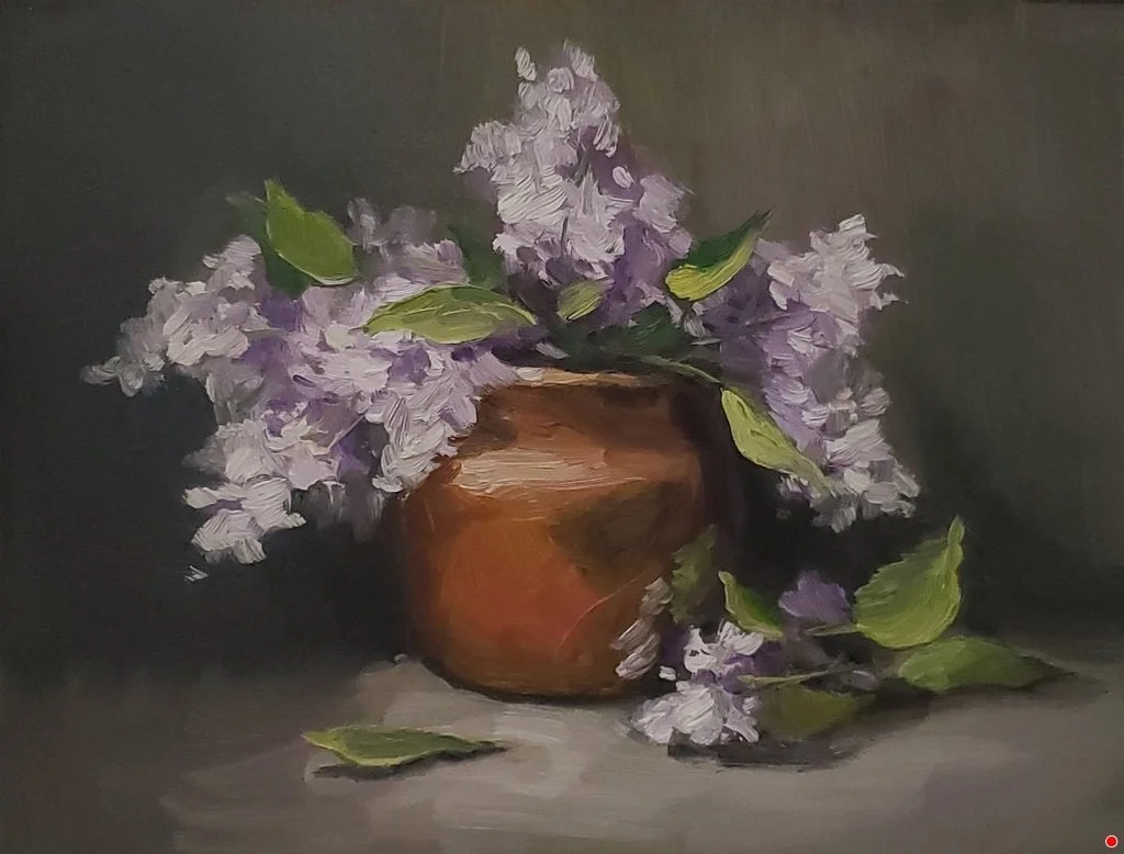 Lilac in clay vase painting by Brenda Whicker