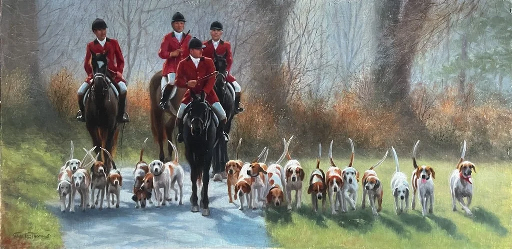 Painting of fox hounds and mounted hunters by Carol Lee Thompson