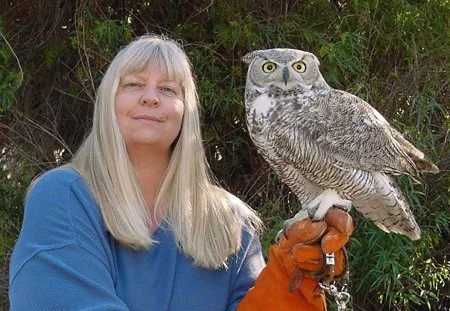 Anne Peyton with a rescued owl, "Hedwig,"