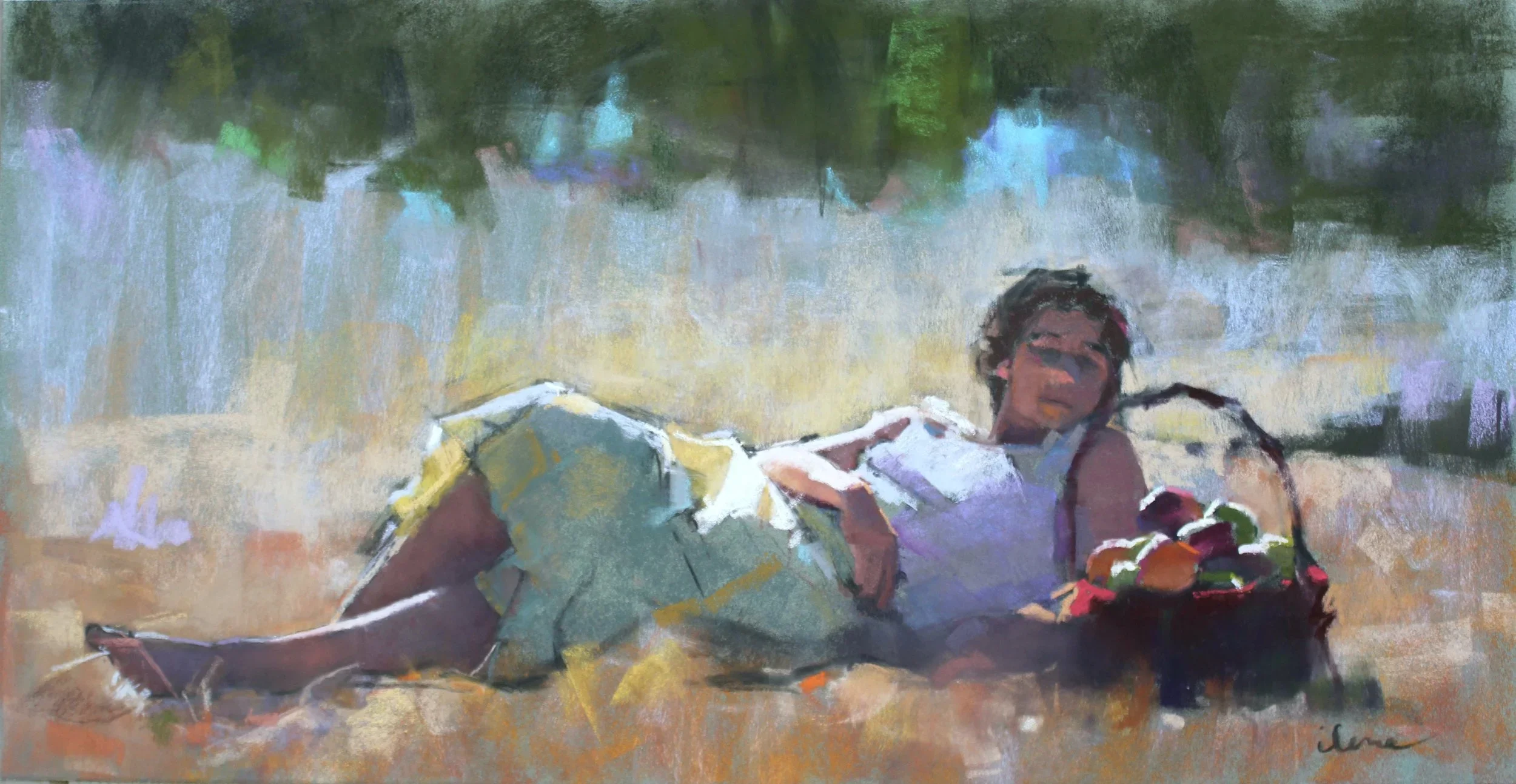Painting of a young woman resting in the grass by Ilene Gienger-Stanfield