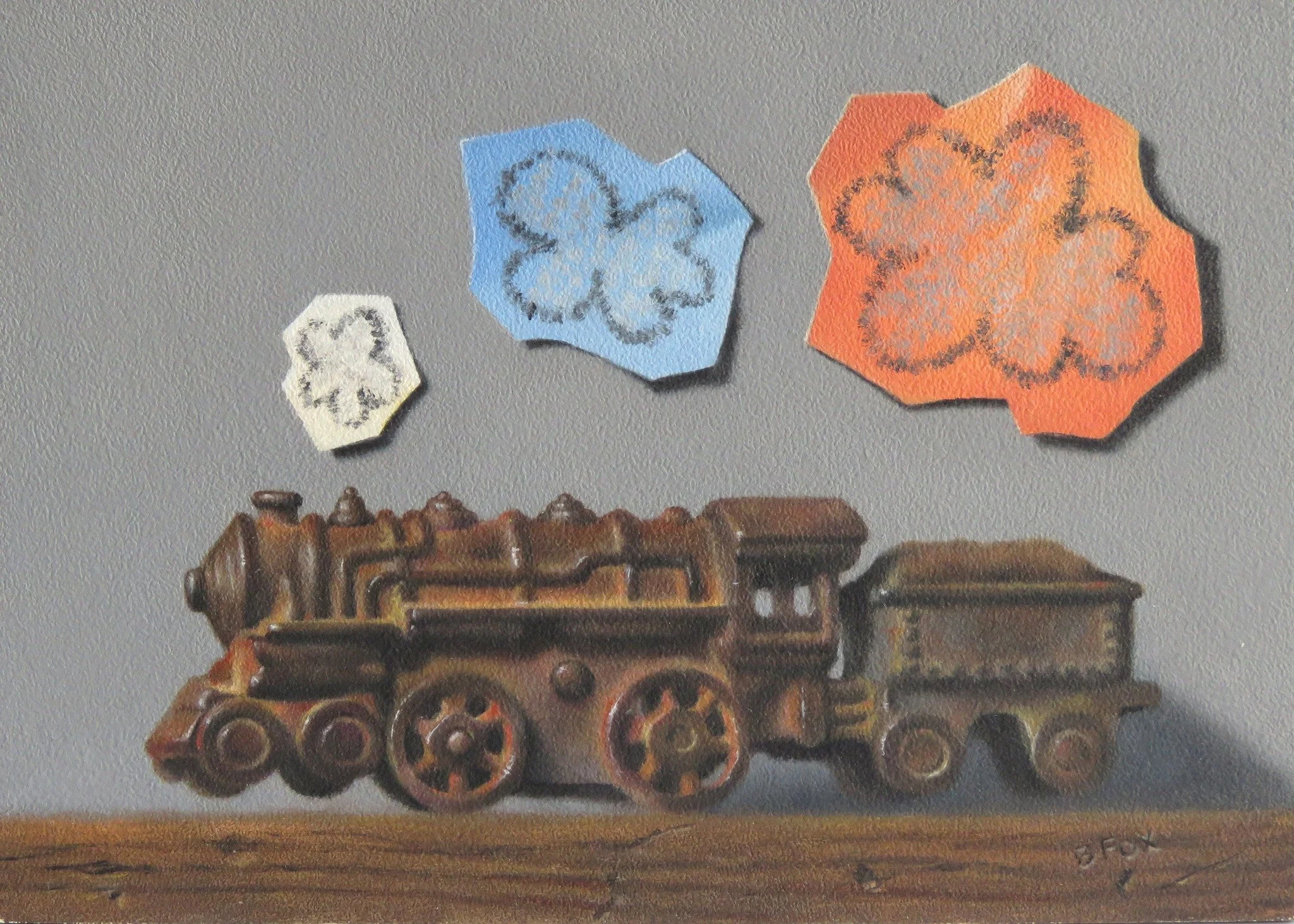 Trompe L'Oeil painting of a toy train by Barbara Fox