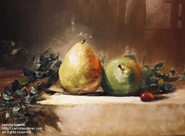 Pear still life painting by Carlota Estevez