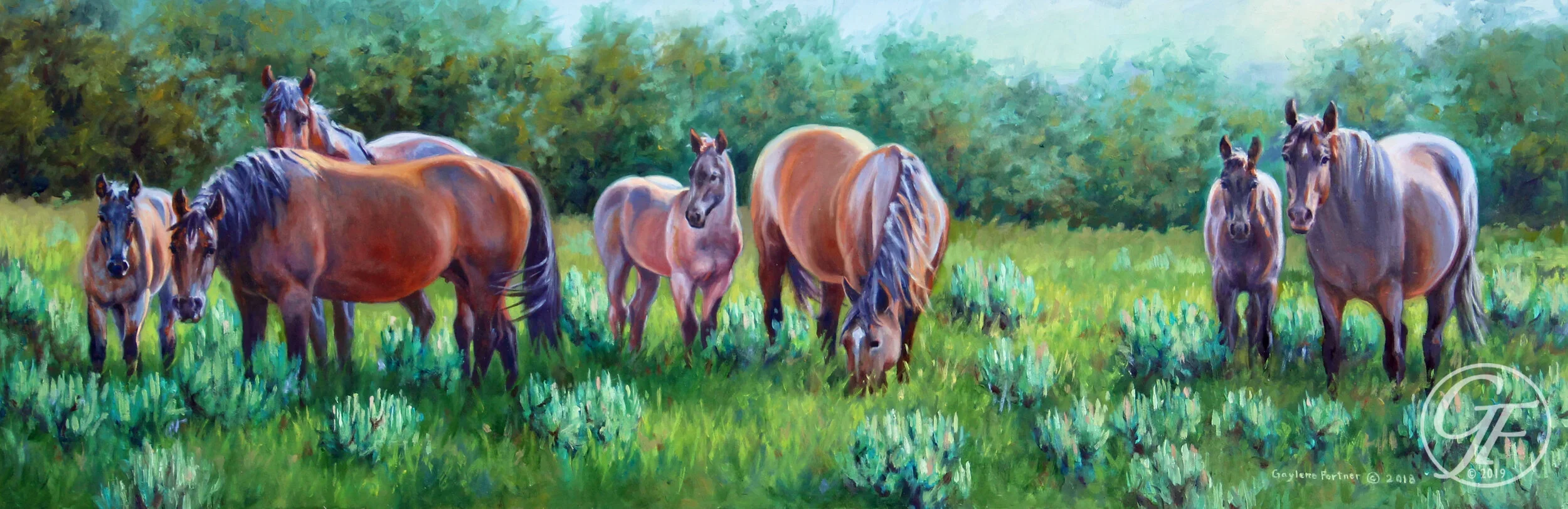 Painting of horses on green pasture by Gaylene Fortner