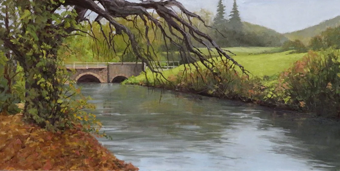 Pastoral painting of river and bridge by Ginger Whellock