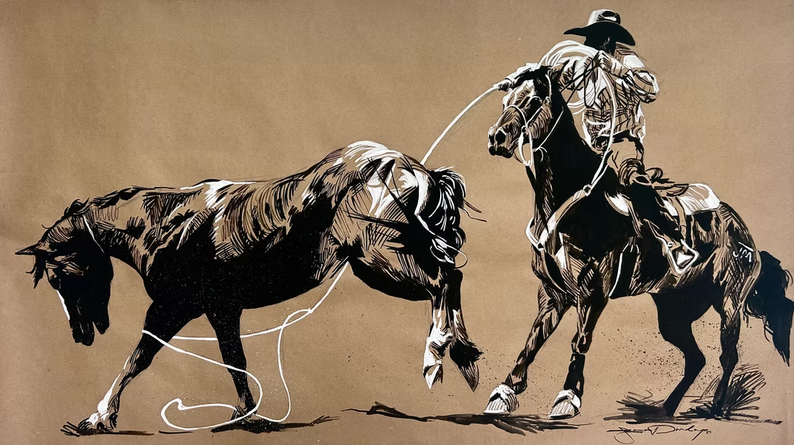 Gouache drawing of a cowboy roping a horse by Lana Dunlap